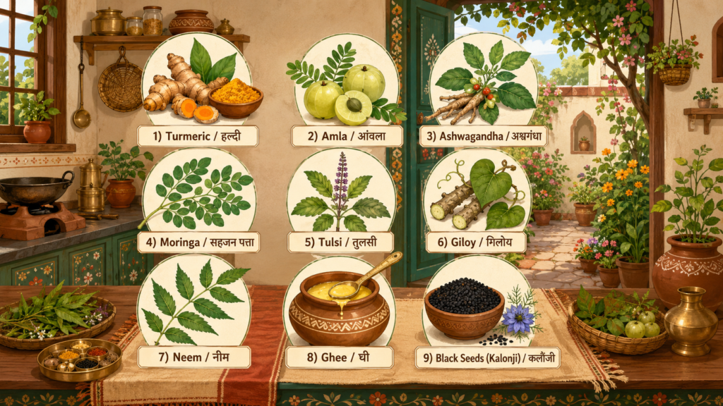 Indian kitchen with turmeric, amla, ashwagandha and moringa arranged on a wooden chakla