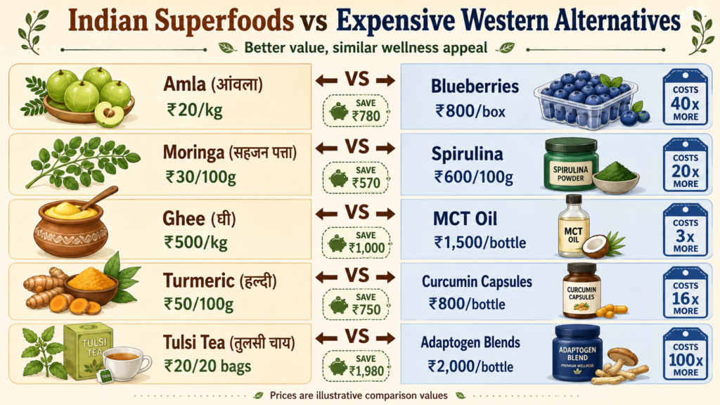 Side by side comparison of Indian superfoods versus expensive western supplement bottles