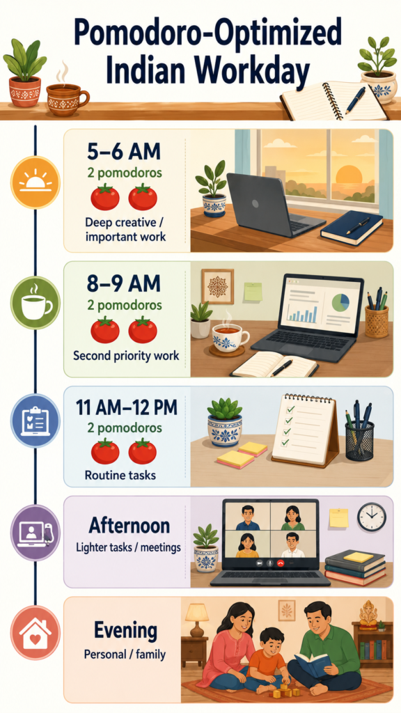 Illustrated Indian daily schedule showing optimal Pomodoro time blocks from Brahma Muhurta morning to evening study