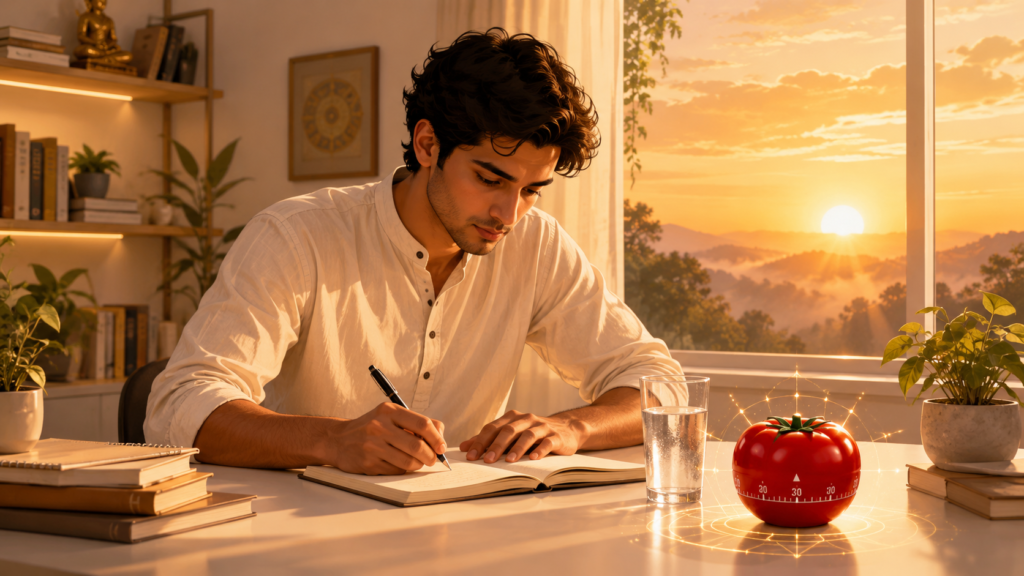 Serene morning study with golden sunlight