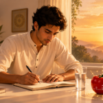 Serene morning study with golden sunlight
