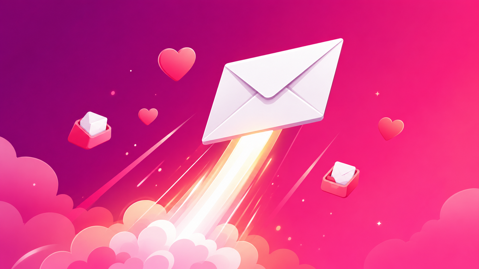Envelope rocket soaring through pink skies