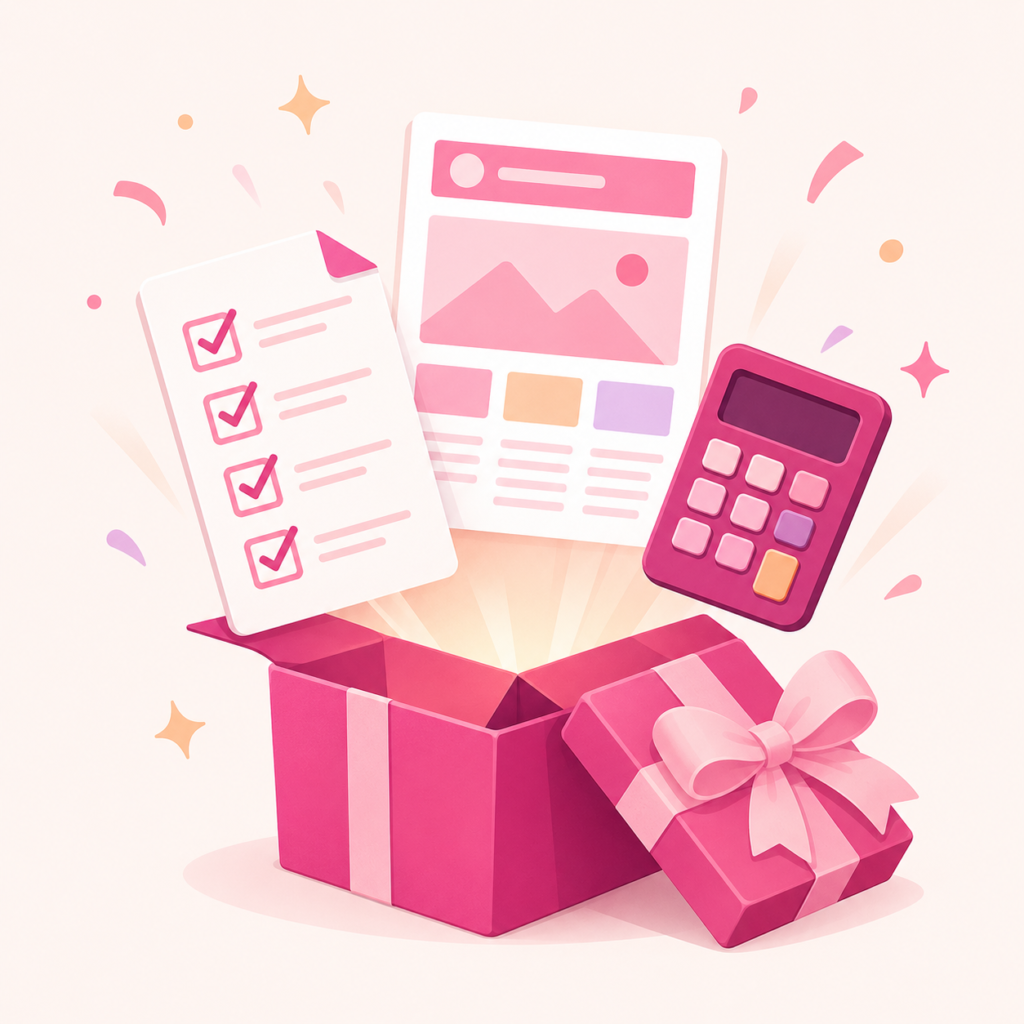 A glowing digital gift box opening to reveal a checklist and email icons floating out, on a pink gradient background