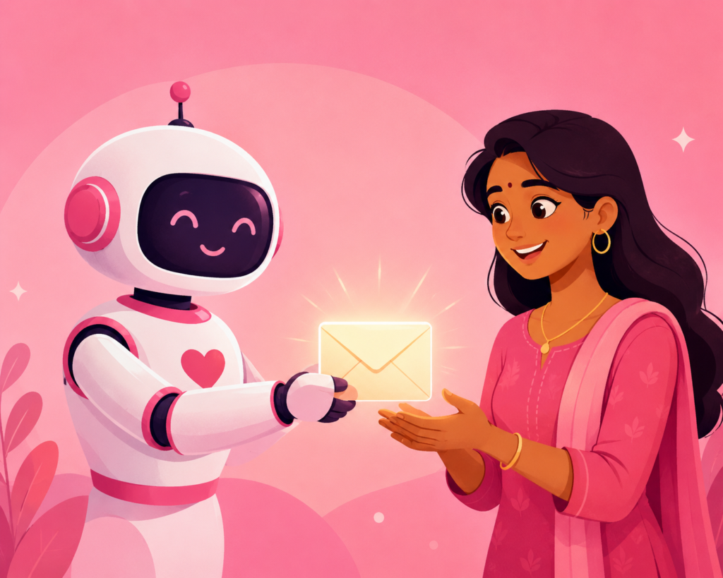 A friendly AI robot handing a glowing email envelope to a smiling Indian entrepreneur at a laptop, digital illustration style