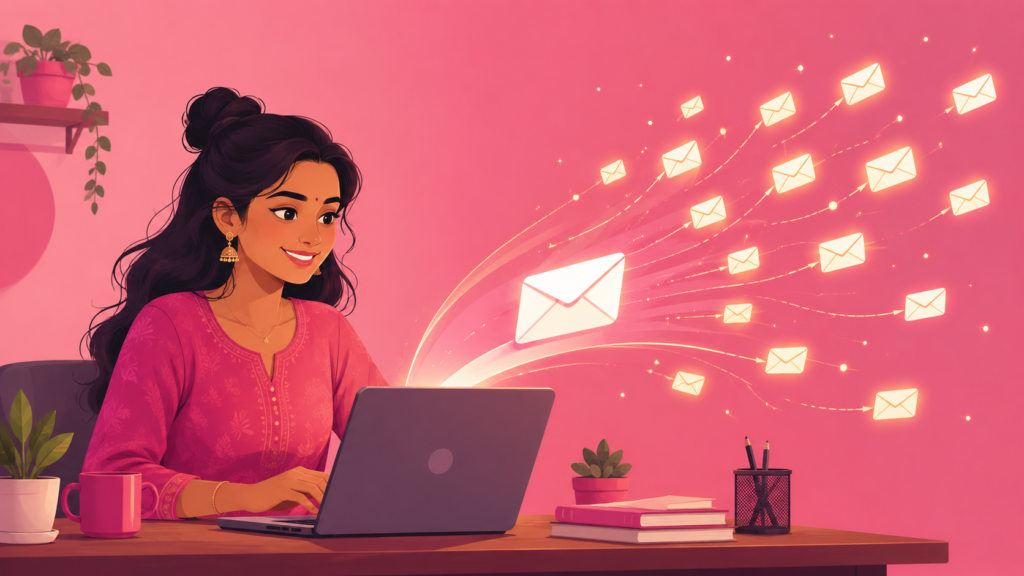 An Indian creator at a laptop sending email newsletters, warm studio light, phone showing growing subscriber count on screen